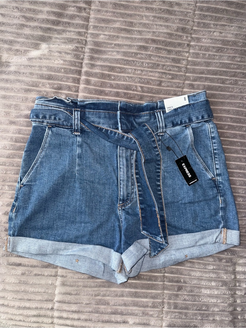 Express High-Rise Paperbag Denim Shorts in Blue